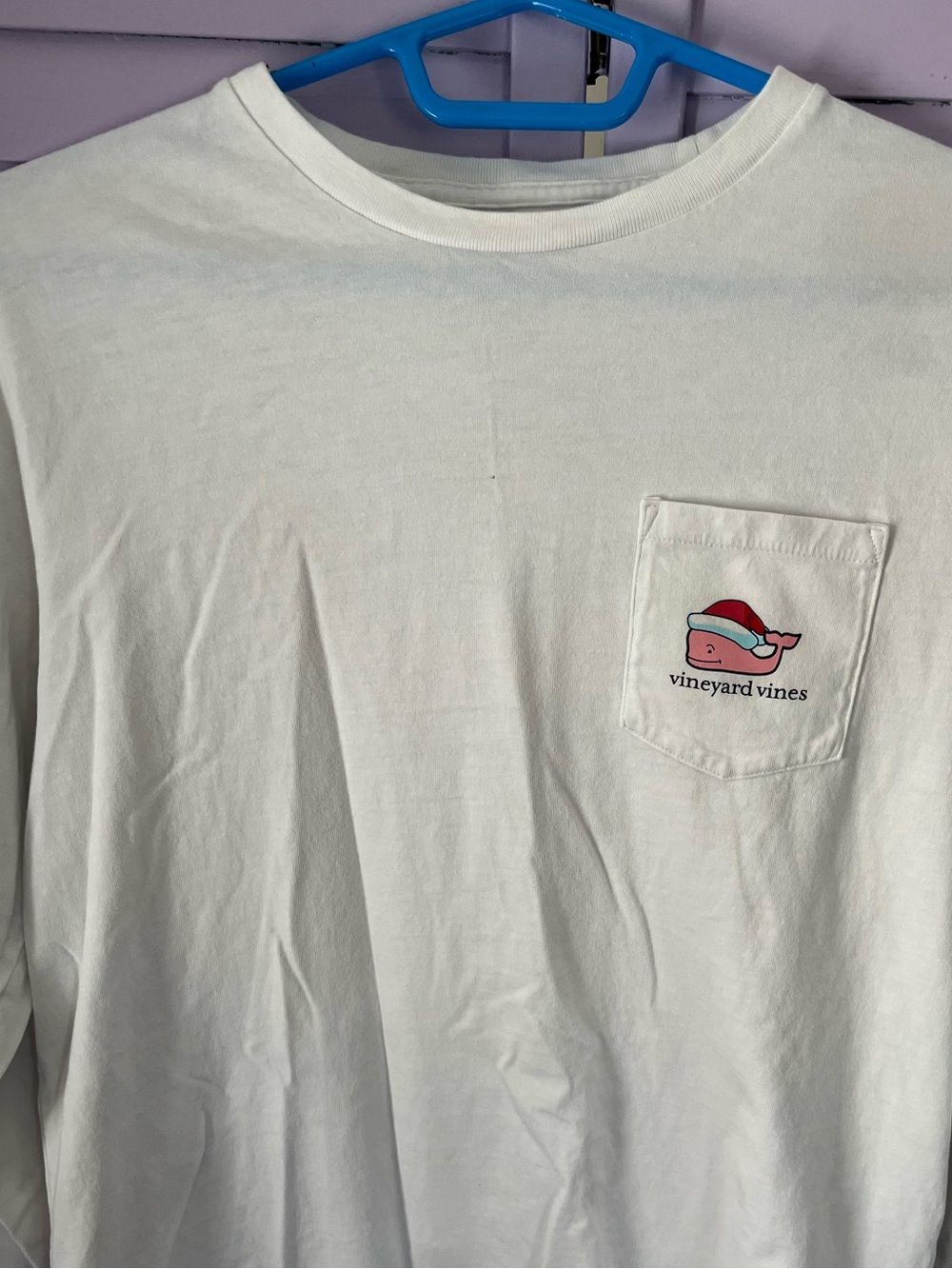 Vineyard Vines Cream Long-Sleeve Pocket Tee with Festive Whale Merry Christmas